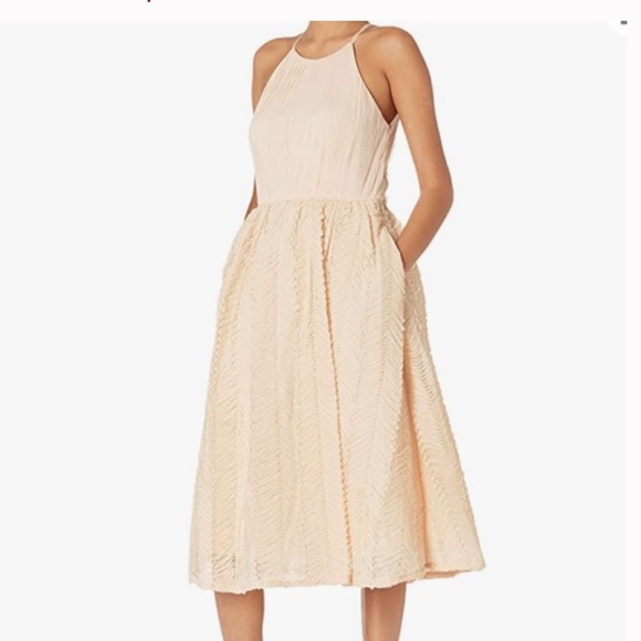 NWT ADRIANNA PAPELL SLEEVELESS SHIRRED TULLE MIDI DRESS - Picture 3 of 16